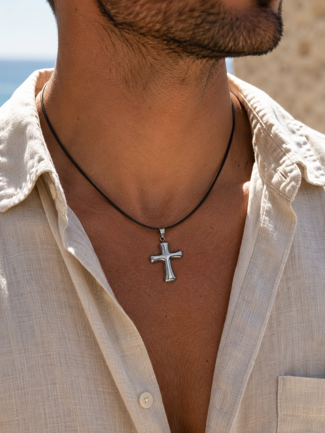 Ανδρικό κολιέ Silver Cross με μαύρο δερμάτινο κορδόνι και ατσάλινο σταυρό